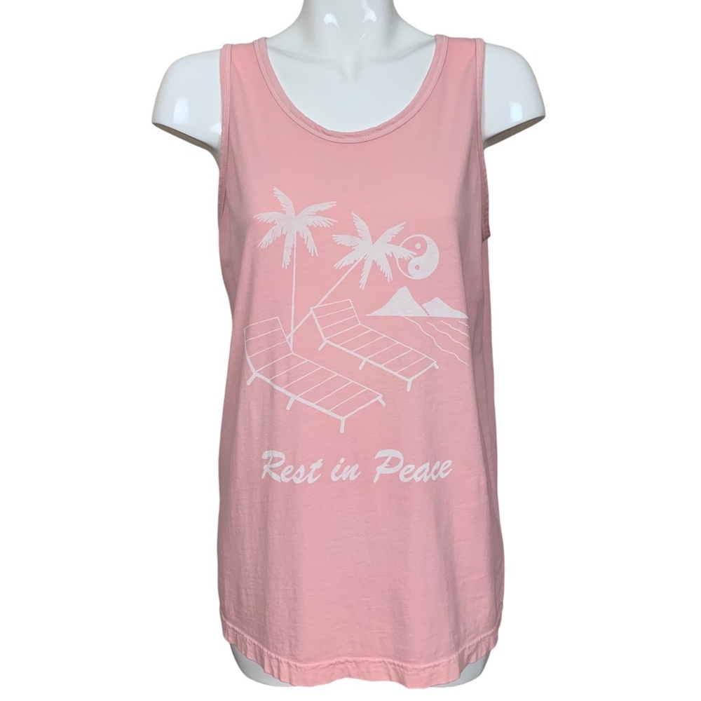 Pink Rest in Peace Yin Yang Symbol Palm Trees and Lounge Chairs Tank Top Medium